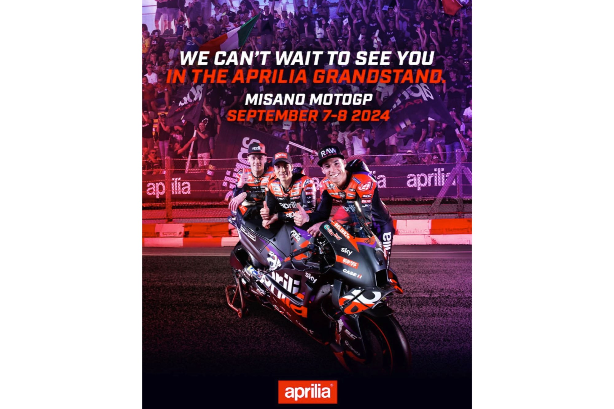 FRONT ROW SEAT WITH APRILIA AT THE MISANO MOTOGP ROUND: FOR THE GP OF SAN MARINO, 7 AND 8 SEPTEMBER 2024, THE EXCLUSIVE COVERED GRANDSTAND DEDICATED TO APRILIA FANS IS BACK